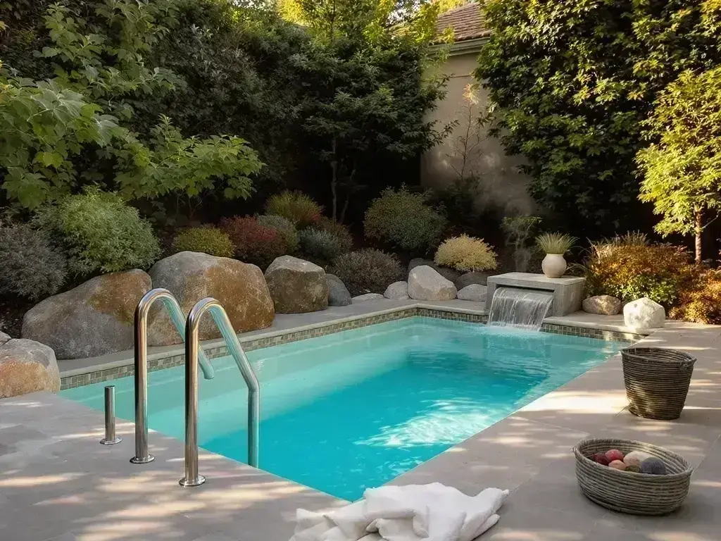 Technician repairing pool pump in a Coldstream backyard near orchard trees
